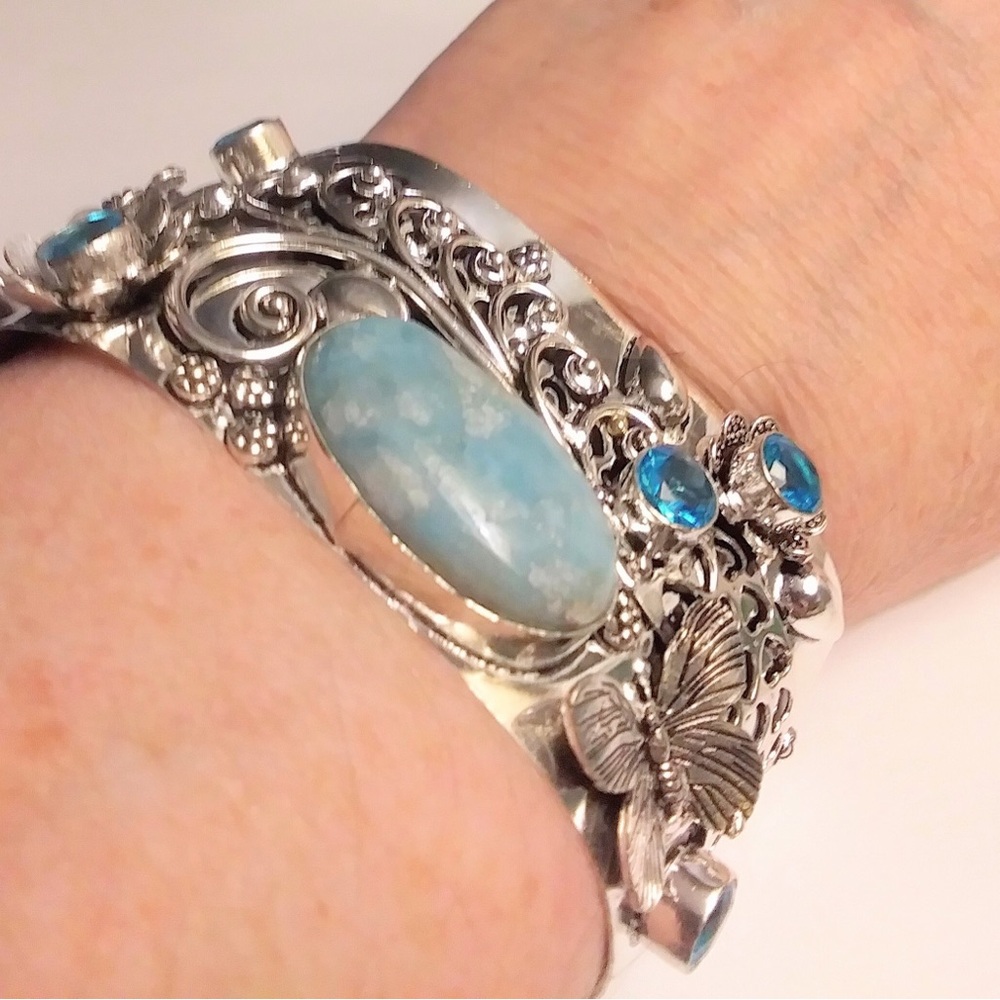 Larimar Blue Topaz 925 Sterling Silver Cuff Bracelet